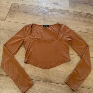 Lulu’s Women’s Ribbed-knit Long Sleeve Scoop-Neck Brown Cropped Shirt Size M